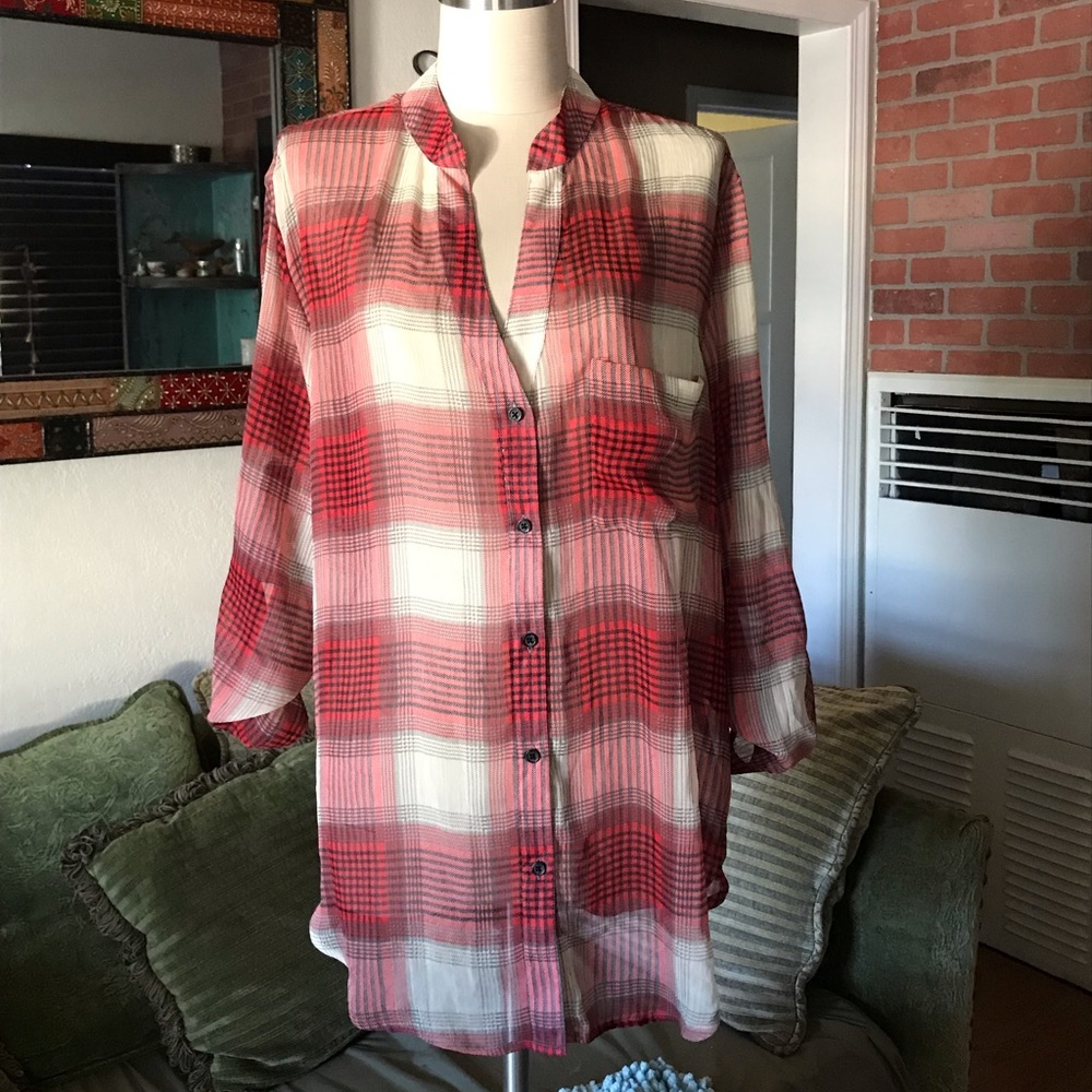 Sheer Red and white flannel style blouse